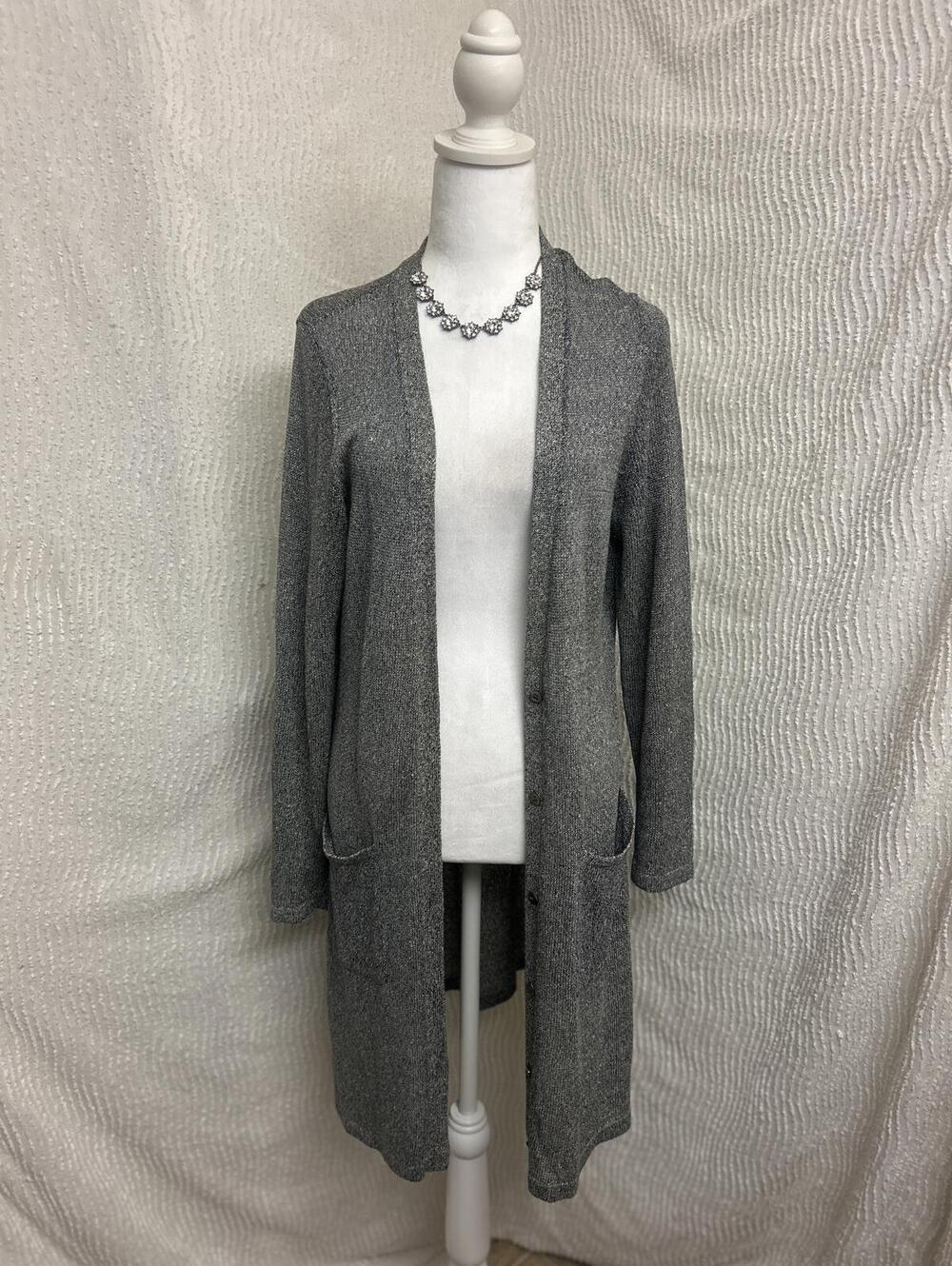 Eileen Fisher Linen Blend Long Cardigan M Black Gray Italian Yarn Knit Duster